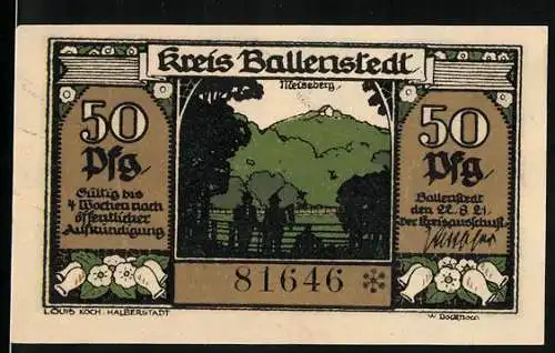 Notgeld Ballenstedt 1921, 50 Pfennig, Kreis Ballenstedt mit Landschafts- und Bergbaumotiven