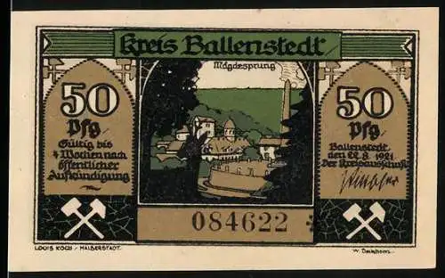 Notgeld Ballenstedt, 1921, 50 Pfennig, Motiv mit Ortsansicht und Zwergenarbeit auf Feldern