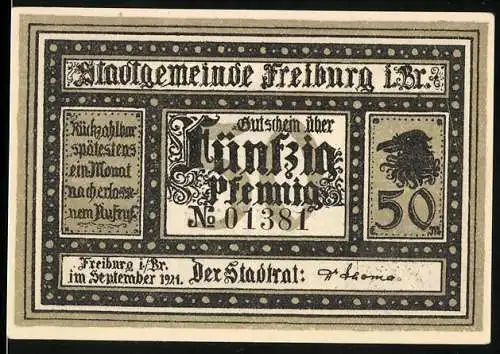 Notgeld Freiburg 1921, 50 Pfennig, Stadtgemeinde Freiburg, Gebäude mit Wappen und Löwenkopf