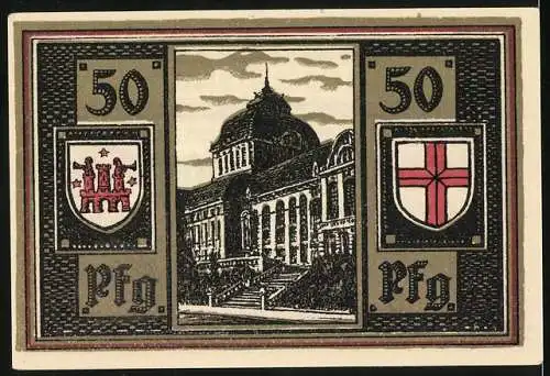 Notgeld Freiburg 1921, 50 Pfennig, Stadtgemeinde Freiburg, Gebäude mit Wappen und Löwenkopf