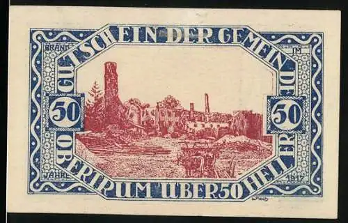 Notgeld Obertrum, 1920, 50 Heller, Ruinenlandschaft und Bauern mit Sense und Rechen