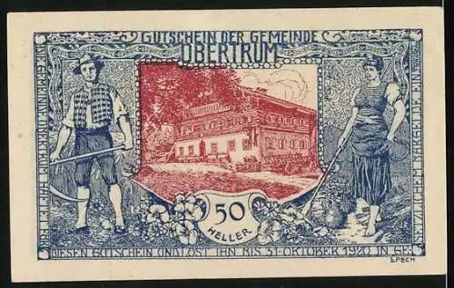 Notgeld Obertrum, 1920, 50 Heller, Ruinenlandschaft und Bauern mit Sense und Rechen