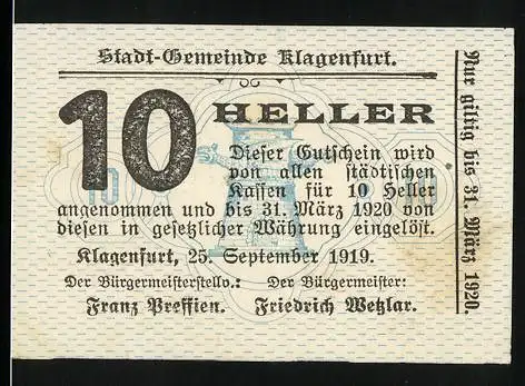 Notgeld Klagenfurt 1919, 10 Heller, Stadt-Gemeinde Gutschein gültig bis 31. März 1920