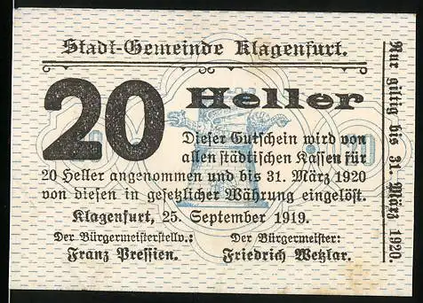 Notgeld Klagenfurt 1919, 20 Heller, Stadt-Gemeinde Gutschein gültig bis 31. März 1920