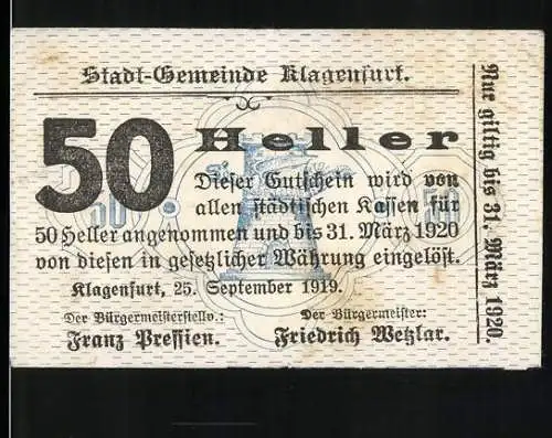 Notgeld Klagenfurt, 1919, 50 Heller, Stadt-Gemeinde Klagenfurt, gültig bis 31. März 1920