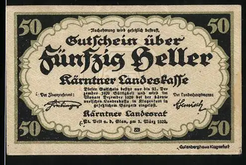 Notgeld Wels /Kärntner Landeskasse 1920, 50 Heller, Gutschein über fünfzig Heller, Rückseite mit Wappen und 50er Ziffern