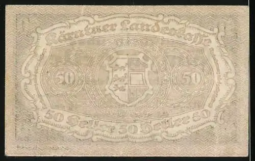 Notgeld Wels /Kärntner Landeskasse 1920, 50 Heller, Gutschein über fünfzig Heller, Rückseite mit Wappen und 50er Ziffern