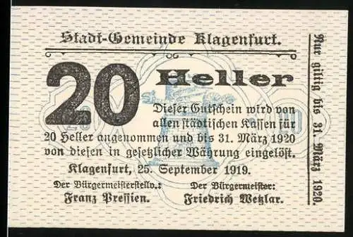 Notgeld Klagenfurt 1919, 20 Heller, gültig bis 31. März 1920, Signaturen Franz Pressler und Friedrich Wesslar