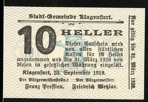 Notgeld Klagenfurt 1919, 10 Heller, Gutschein gültig bis 31. März 1920