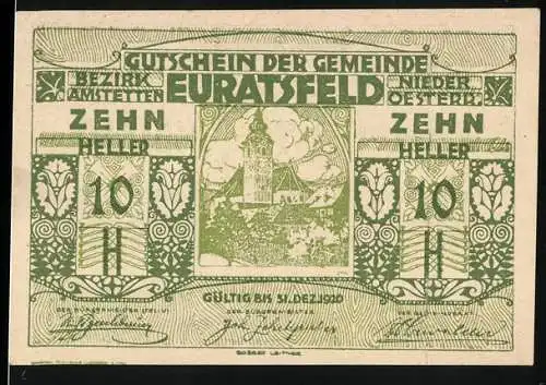 Notgeld Euratsfeld, 1920, 10 Heller, Gutschein der Gemeinde Euratsfeld mit Ortsansicht und Verzierungen