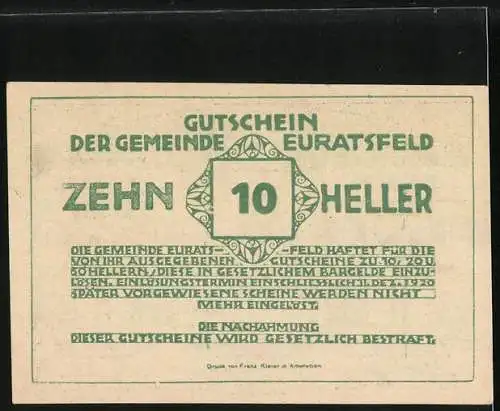 Notgeld Euratsfeld, 1920, 10 Heller, Gutschein der Gemeinde Euratsfeld mit Ortsansicht und Verzierungen