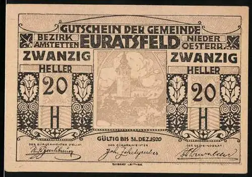 Notgeld Euratsfeld 1920, 20 Heller, Gültig bis 31. Dez 1920, Kirche und Ornamente