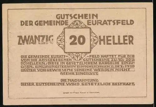 Notgeld Euratsfeld 1920, 20 Heller, Gültig bis 31. Dez 1920, Kirche und Ornamente