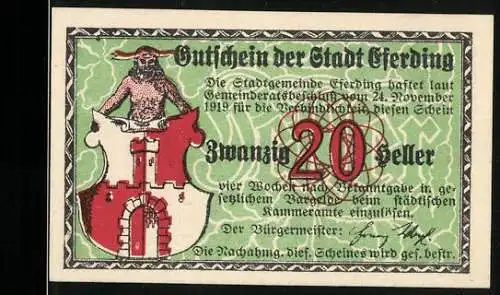 Notgeld Eferding 1919, 20 Heller, Gutschein der Stadt Eferding mit Stadtwappen und Kirche