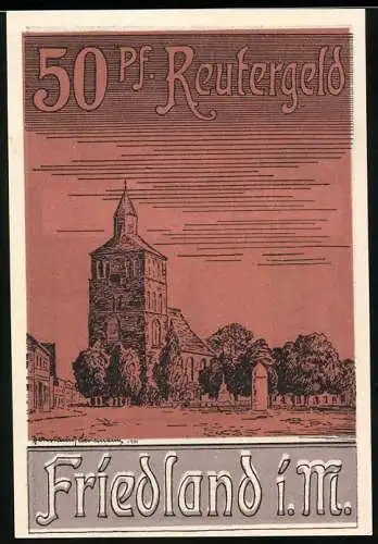 Notgeld Friedland i.M., 1921, 50 Pfennig, Reutergeld mit Stadtwappen und Stadtansicht