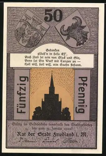 Notgeld Friedland i.M., 1921, 50 Pfennig, Reutergeld mit Stadtwappen und Stadtansicht