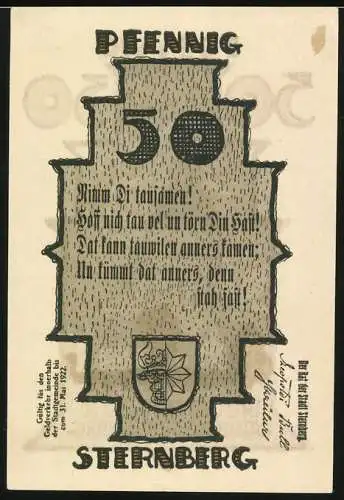 Notgeld Sternberg, 1922, 50 Pfennig, Reutergeld mit Stadtansicht