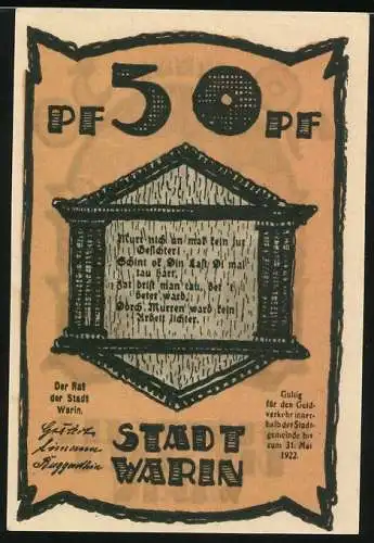 Notgeld Warin, 1922, 50 Pfennig, Reutergeld der Stadt Warin mit historischem Gebäude und Gedicht