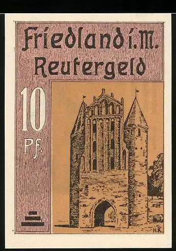 Notgeld Friedland i. M., 1921, 10 Pf., Reutergeld mit Abbildungen historischer Gebäude, gültig bis 31. Januar 1922