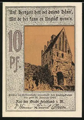 Notgeld Friedland i. M., 1921, 10 Pf., Reutergeld mit Abbildungen historischer Gebäude, gültig bis 31. Januar 1922