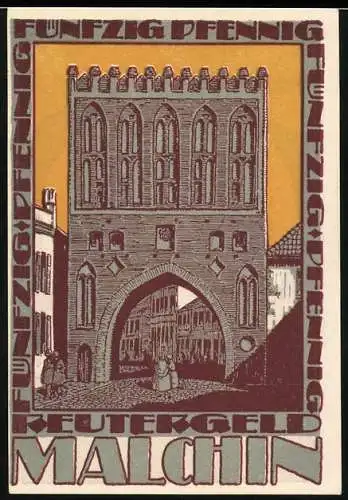 Notgeld Malchin, 1922, 50 Pfennig, Stadtmotiv und Gedicht in deutscher Schrift