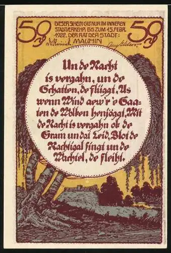 Notgeld Malchin, 1922, 50 Pfennig, Stadtmotiv und Gedicht in deutscher Schrift