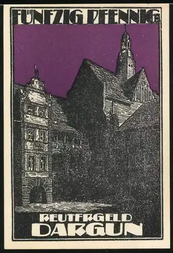 Notgeld Dargun, 1921, 50 Pfennig, Hirsch und Gebäude im lila Hintergrund