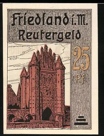 Notgeld Friedland i. M., 1921, 25 Pf, Reutergeld mit Stadtansicht und Turm