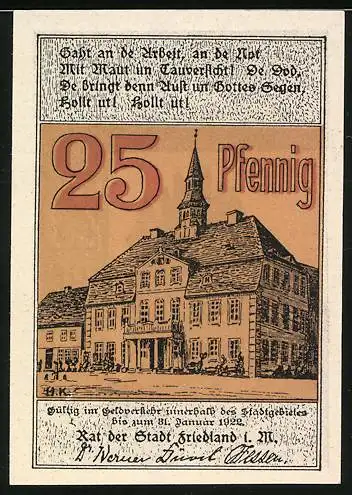 Notgeld Friedland i. M., 1921, 25 Pf, Reutergeld mit Stadtansicht und Turm