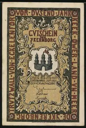 Notgeld Eckernförde, 1921, 25 Pfennig, Stadtansicht mit Schiff und Gebäude, Gültig bis 31-12-1921