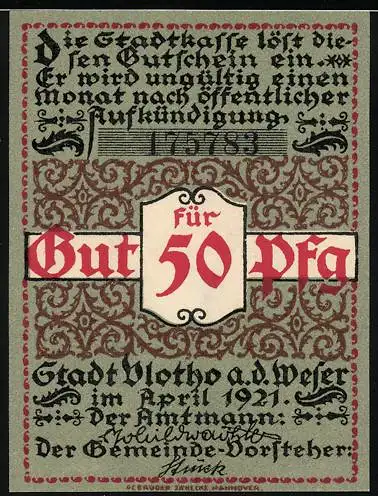 Notgeld Vlotho 1921, 50 Pfennig, Stadt Vlotho a.d. Weser im April 1921, Zigarrenraucher