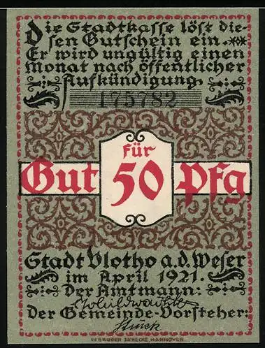 Notgeld Vlotho a.d. Weser, 1921, 50 Pfennig, Stadtansicht und humorvolle Karikatur eines rauchenden Mannes