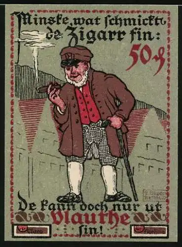 Notgeld Vlotho a.d. Weser, 1921, 50 Pfennig, Stadtansicht und humorvolle Karikatur eines rauchenden Mannes