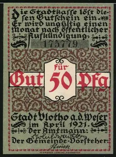 Notgeld Vlotho, 1921, 50 Pfennig, Zigarrenrauchender Mann und Stadtkasse Text