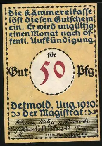 Notgeld Detmold, 1920, 50 Pfennig, marschierender Soldat und Text