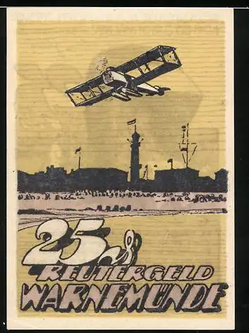 Notgeld Warnemünde, 1922, 25 Pfennig, Flugzeug und Strandkorb-Szene