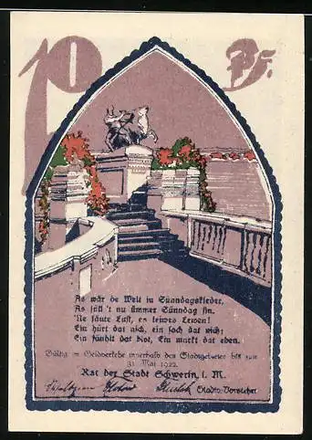 Notgeld Schwerin 1921, 10 Pfennig, Ansicht von Schwerin mit Gebäude und Denkmal, Text und Wappen