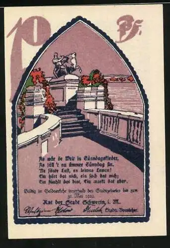 Notgeld Schwerin, 1922, 10 Pfennig, Reutergeld der Landeshauptstadt mit Stadtansicht und Treppenszene