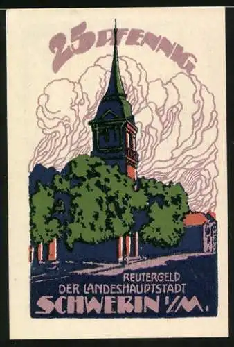 Notgeld Schwerin, 1921, 25 Pfennig, Kirchturm mit Bäumen und Stadtansicht im Hintergrund