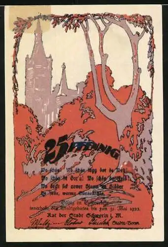 Notgeld Schwerin, 1922, 25 Pfennig, Reutergeld der Landeshauptstadt, Kirche und Landschaftsszene