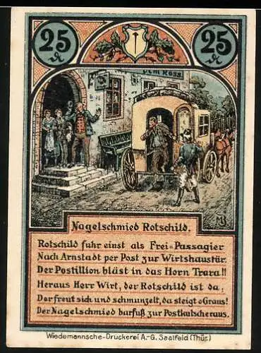 Notgeld Roda bei Jena, 1921, 25 Pfennig, Nagelschmied Rotschild und Burgansicht