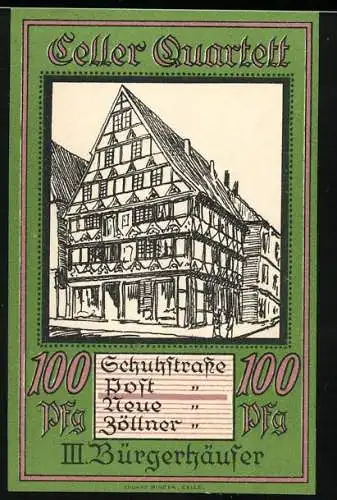 Notgeld Celle, 1921, 100 Pfennig, Celler Quartett III. Bürgerhäuser, Schulstrasse, Holz, Neue, Zöllner, Gutschein der