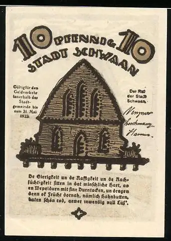 Notgeld Schwaan, 1923, 10 Pfennig, Vorderseite mit historischem Gebäude und Rückseite mit Kirche