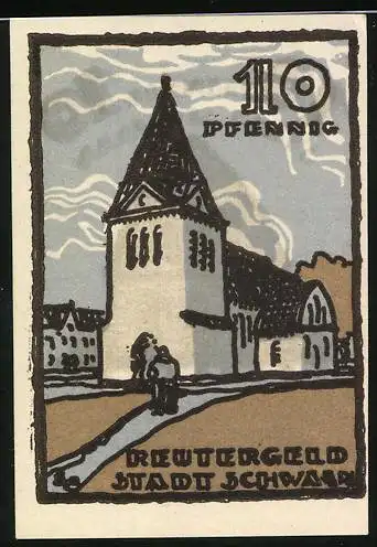 Notgeld Schwaan, 1923, 10 Pfennig, Vorderseite mit historischem Gebäude und Rückseite mit Kirche