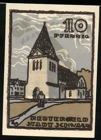 Notgeld Schwaan, 1922, 10 Pfennig, Kirche und Gebäude mit Text