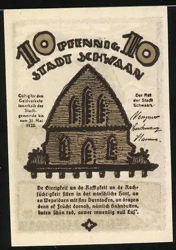 Notgeld Schwaan, 1922, 10 Pfennig, Kirche und Gebäude mit Text