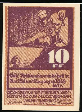 Notgeld Waren 1921, 10 Pfennig, Illustration mit Waldarbeiter und Bootszene