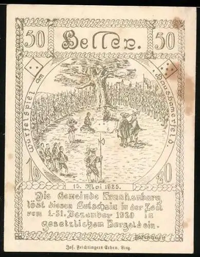 Notgeld Frankenburg 1920, 50 Heller, Würfelspiel und Gemeindesiegel Illustrationen