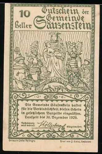 Notgeld Säusenstein, 1920, 10 Heller, Darstellung einer Krönung und Gebäudeansicht