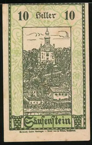 Notgeld Säusenstein, 1920, 10 Heller, Darstellung einer Krönung und Gebäudeansicht